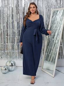 SHEIN Clasi 大码女式纯色甜心领灯笼袖口袋阔腿优雅连体裤，秋季