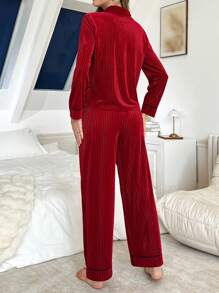 Solid Color Velvet Bow Decor Women Fluffy Pajama Set, Fall Winter Clothes, Cozy - Burgundy - View 2