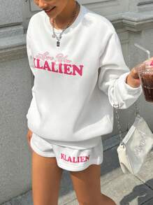 INAWLY 2pcs Women's Floral Letter Print Loose Crew Neck Sweatshirt And Shorts Set, Spring/Fall - White - View 3