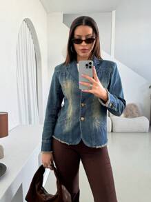 Women Casual Washed Denim Jacket With Frayed Edges, Spring/Autumn Christmas Clothes Women Thanksgiving Outfit Women Thickened Denim