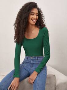 SHEIN BASICS Áo cánh cotton dài tay cổ tròn màu trơn cho nữ, thoải mái, sang trọng, năm mới - màu xanh lá - Xem 4