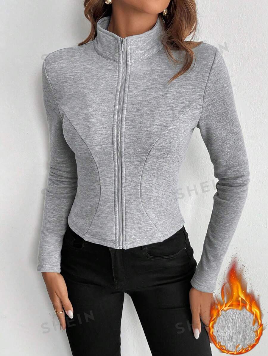 SHEIN Privé Chaqueta deportiva casual con estilo, de cuello alto, cremallera y manga larga ajustada para mujer