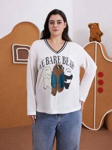 We Bare Bears X SHEIN 女士大码休闲卡通字母印花 V 领宽松落肩 T 恤，白色，秋季 - 米色 - 查看 5