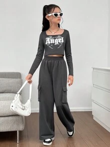 2 piezas Conjunto de top de manga larga con estampado de alas y pantalón cargo de canalé suave y cálido para niñas preadolescentes, otoño