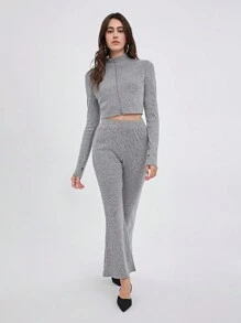 SHEIN EZwear Bộ đồ 2 món cho nữ: Áo khoác lông cừu dài tay có khóa kéo và quần ống loe, Thu/Đông - Xám - Xem 1