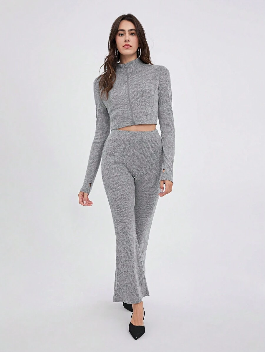 SHEIN EZwear Bộ đồ 2 món cho nữ: Áo khoác lông cừu dài tay có khóa kéo và quần ống loe, Thu/Đông - Xám - Xem 1