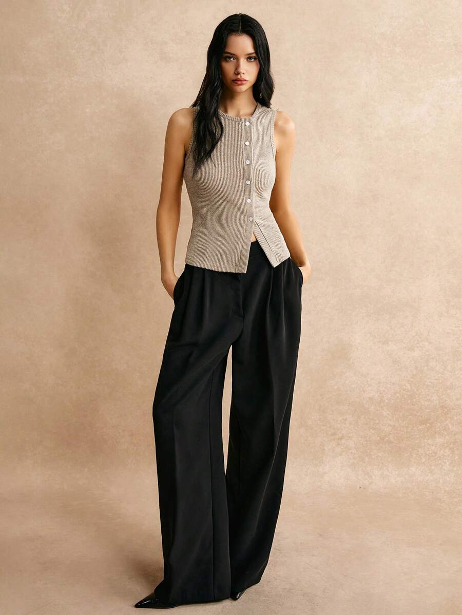 Poéselle Women's Casual ButtonUp Round Neck Tank Top for Sale