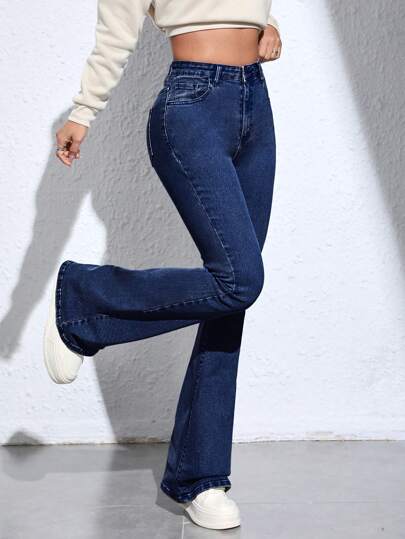 Jeanoix 纯色口袋休闲喇叭牛仔裤