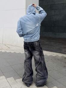 Manfinity EMRG 男士仿旧洗水拉链牛仔夹克，适合休闲外出 - 藍色 - 查看 2