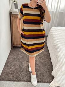 SHEIN LUNE Váy suông cổ tròn tay ngắn họa tiết sọc cỡ lớn - màu nâu - Xem 5