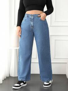 RueChic Plus Size  High Waist Wide Leg Jeans - Blue - View 1