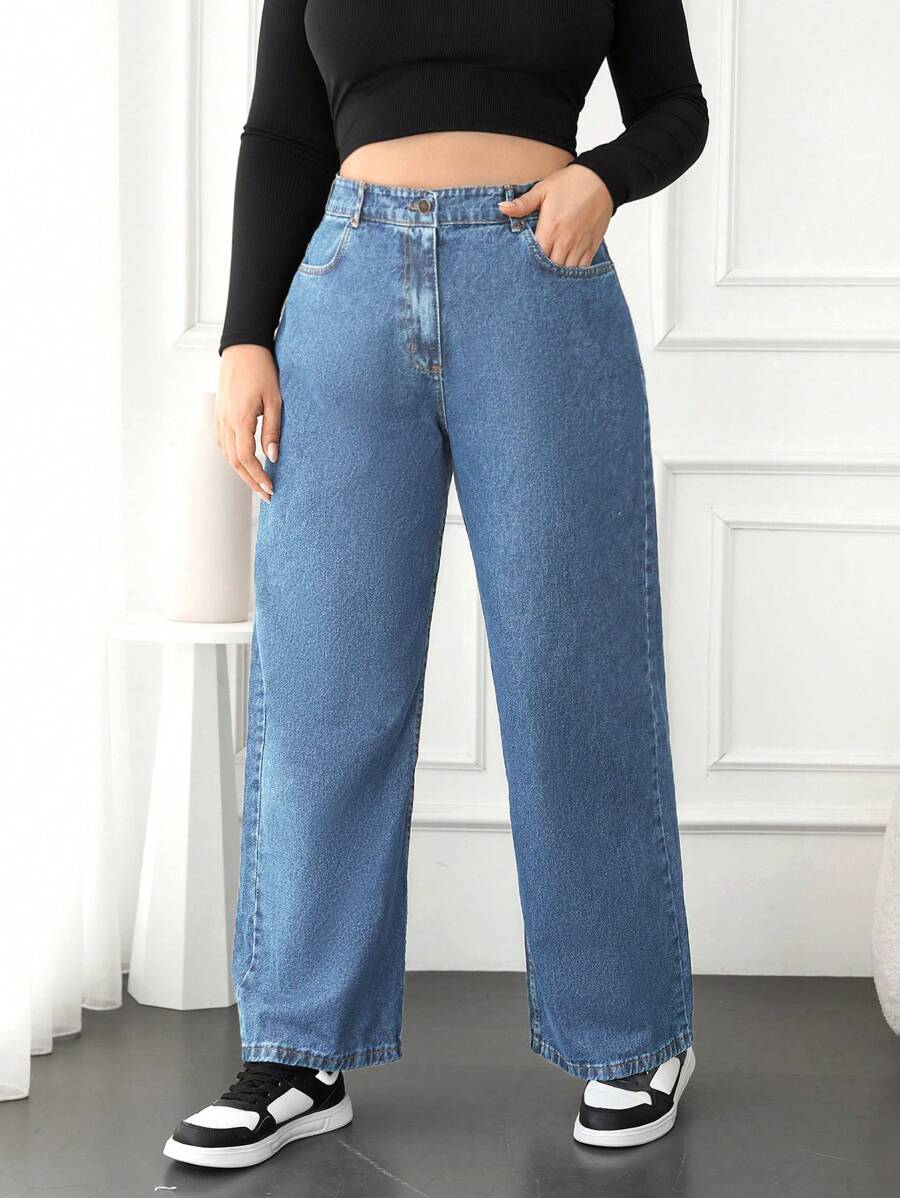 RueChic Plus Size  High Waist Wide Leg Jeans - Blue - View 1