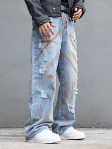 Manfinity EMRG Men's Casual Ripped Distressed Print Loose Fit Washed Denim Jeans, Autumn Light Blue Jeans, For Husband, Boyfriend Gifts - Blue - View 4