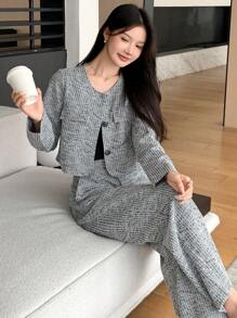 DAZY 2pcs Women Elegant Commuting Set, Including Long Sleeve Single-Breasted Jacket And Pants, Autumn,Fall Women Clothes - Grey - View 8