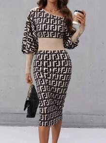 SHEIN Clasi Asymmetrical Neckline Geometric Print Women Long Sleeve Elegant Dress Maxi Women Outfit