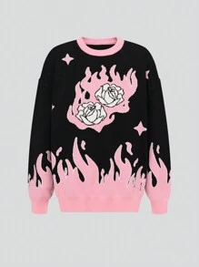 Teen Girl Street Style Flaming Rose Graphic Knit Pullover Sweater, Fashionable For Outing, Party, Photo Shoot - Multicolor - View 6