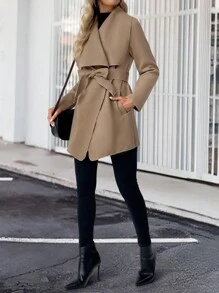 SHEIN LUNE Damen einfarbiger, gegürteter, gewickelter, vordertaschen Lange Ärmel Mantel - Khaki - Übersicht 3