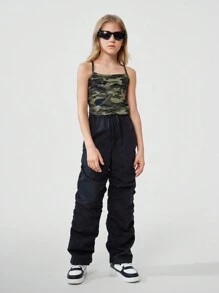 SHEIN Tween Girls' Fashionable Ruched Drawstring Design Long Pants, Black - Black - View 6