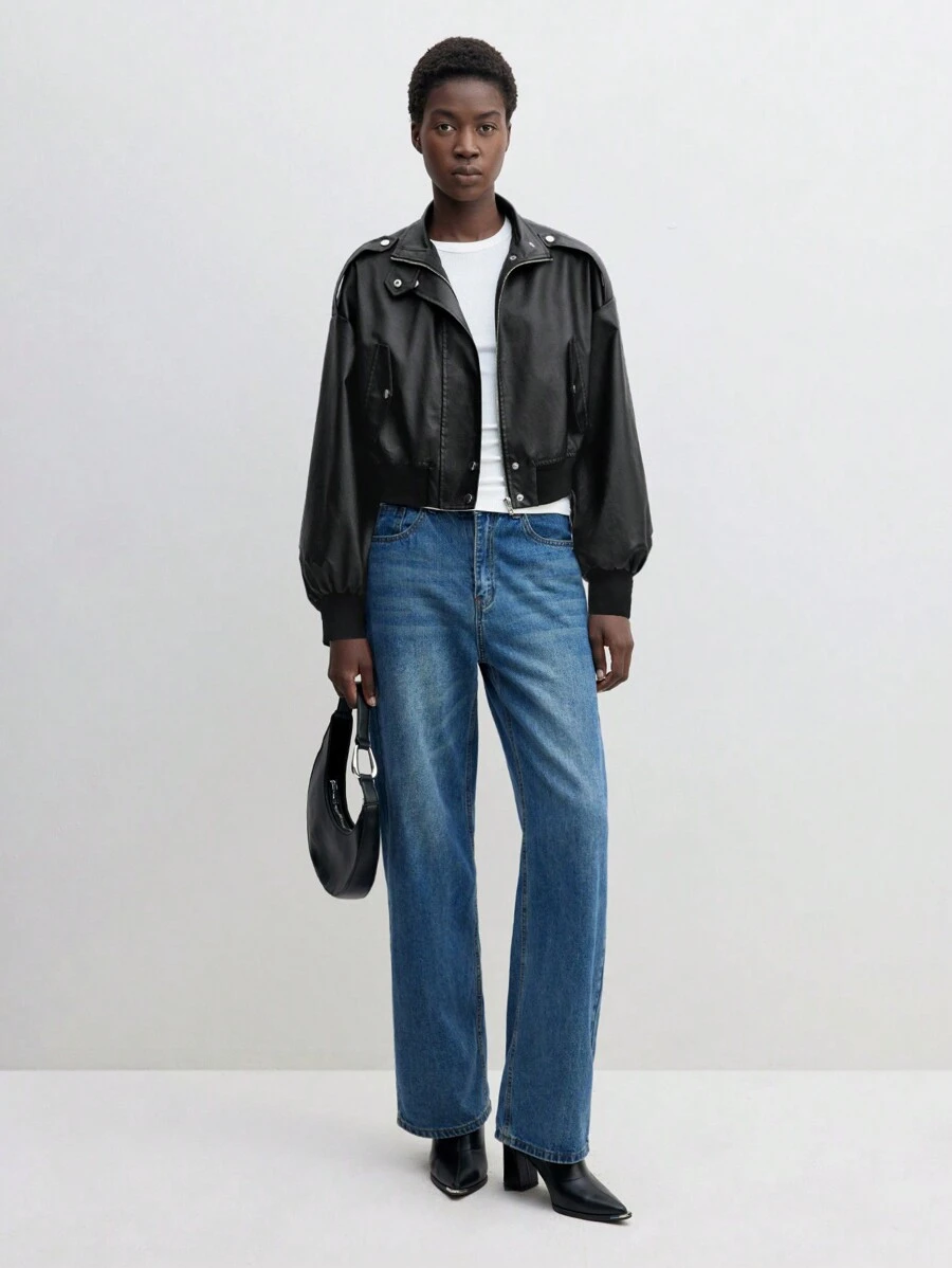 BizChic 黑色PU皮机车夹克，女士休闲长袖，适合派对、办公穿着，春夏圣诞节皆宜。 - 黑色 - 查看 1