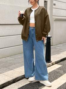 SHEIN EZwear Plus Size Women Plain Dropped Shoulder Long Sleeve Single Breasted Casual Loose Baseball Jacket, Autumn