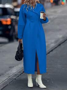 Chiquease 女士冬季纯色彼得潘领双排扣优雅大衣 - 藍色 - 查看 3