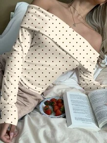 SHEIN EZwear 1 件女式波尔卡圆点露肩修身长袖上衣，百搭，可与长袖 T 恤搭配，秋冬 - 杏色 - 查看 4