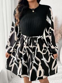 SHEIN Frenchy Vestido de manga larga con cuello redondo, talla grande, de pana con estampado geométrico y parches