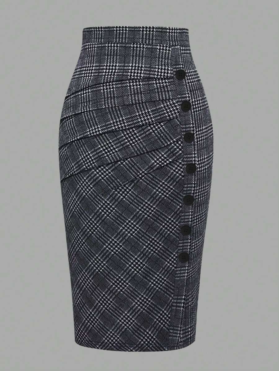 EARO 大码女式休闲复古法式百褶裙，高腰弹力腰修身格子裙，优雅宽松OL通勤裙，适合春秋季穿着，黑色 - 黑色 - 查看 1