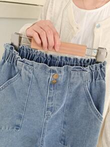 SHEIN 少女休闲波西米亚风假日平底阔腿牛仔裤，腰部平坦，口袋设计，日常穿着 - 中等水洗藍 - 查看 3