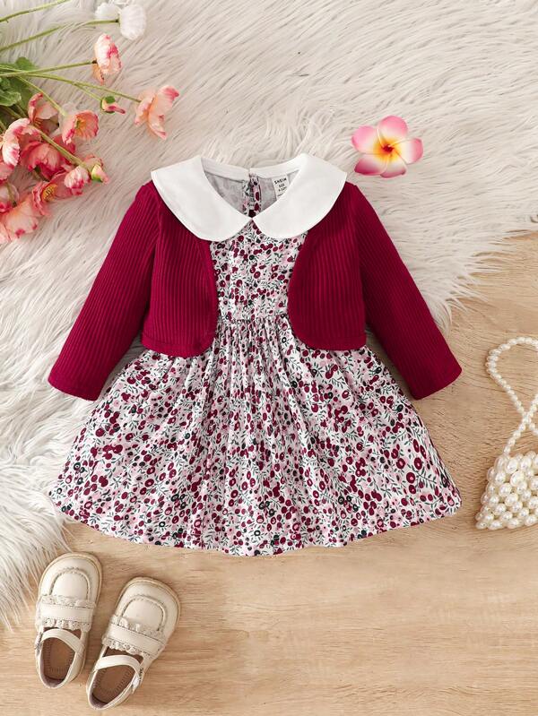 SHEIN Vintaside Kids Baby Girl 1 Set: Red Long Sleeve Cardigan + Floral Print Petal Collar Long Sleeve Dress