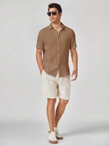 Manfinity VCAY 男士梭织休闲短袖正面纽扣纯色衬衫 - 棕色 - 查看 5