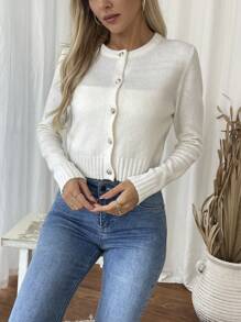EMERY ROSE Plain Front Buttoned Round Neck Casual Long Sleeve Knit Cardigan,Long Sleeve Tops Fall Winter Cloth For Women - White - View 3