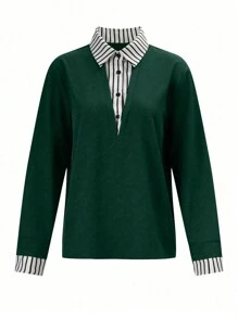 SHEIN LUNE 拼接條紋釦扣半衣襬長袖休閒襯衫 - 綠色 - 查看 3