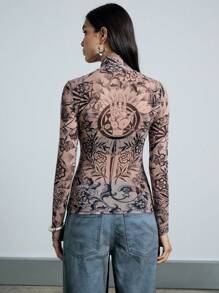 AiiRZ Sheer Tattoo Printed Fitted Long Sleeve High Neck Top - Multicolor - View 2