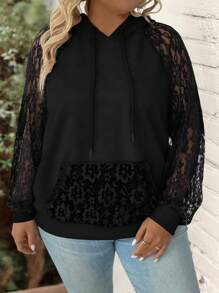 SHEIN LUNE 大码蕾丝拼接卫衣，带透视袖子 - 黑色 - 查看 5