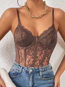 SHEIN Allurite Body de mujer de tirantes con encaje de contraste, sexy y ajustado - Café integral - Ver 5
