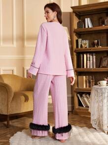 PalaceNights Contrast Color Fringe Fuzz Decor Open Front Long Sleeve Pajama Set For Women - Pink - View 2