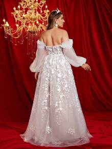 Glamrae Plus Size Elegant Sheer Shoulder Floral Embroidered Dramatic Hem Romantic Wedding Dress, White Long Sleeve Bridal Dress, Bride - White - View 2