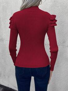 SHEIN LUNE Casual Everyday Button Decor Ruffle Trim Slim Fit Long Sleeve Sweater, Autumn/Winter Knit Pullover Fall - Burgundy - View 2