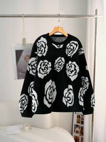 SHEIN Clasi Rose Flower Pattern Long Sleeve Casual Sweater Sweatshirt