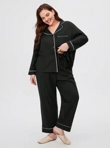 LUVLETTE Autumn And Winter Women Plus Black Soft Modal Basic Button-Up Long Pajama Set With Contrast Trim Lounge Sets For Women Fall Pajamas Clothes - Black - View 4