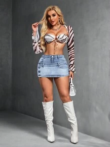 SHEIN SXY Women's Single-Breasted Side Split Layered Waist Mini Denim Skirt - Light Wash - View 7