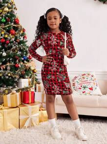 SHEIN 青少年女孩合身休闲简约舒适圆领圣诞元素印花长袖直筒连衣裙 - 紅色 - 查看 6