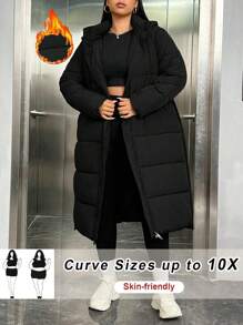 SHEIN CURVE+ Curve Plus Size Padded Jacket With Side Belted Waist And Pockets, For Winter - Black - View 1