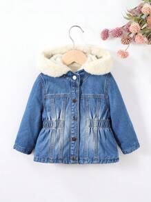 SHEIN 女婴蓝色牛仔布和保暖内衬连帽长袖夹克，加厚冬季保暖长腰外套，秋冬保暖服装 - 深色水洗藍 - 查看 4