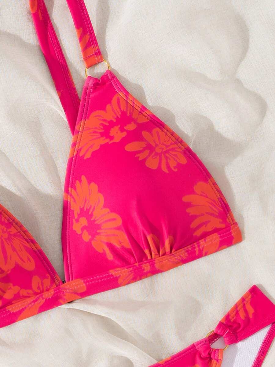Random Floral Print Deep VNeck Thick Strap Sexy Bikini Top & HighCut