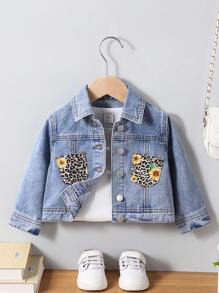 SHEIN Baby Mädchen Sonnenblumen Leoparden Muster Tasche Retro Blau Denim Kragen Langarm Jacke - Helle Waschung - Übersicht 1