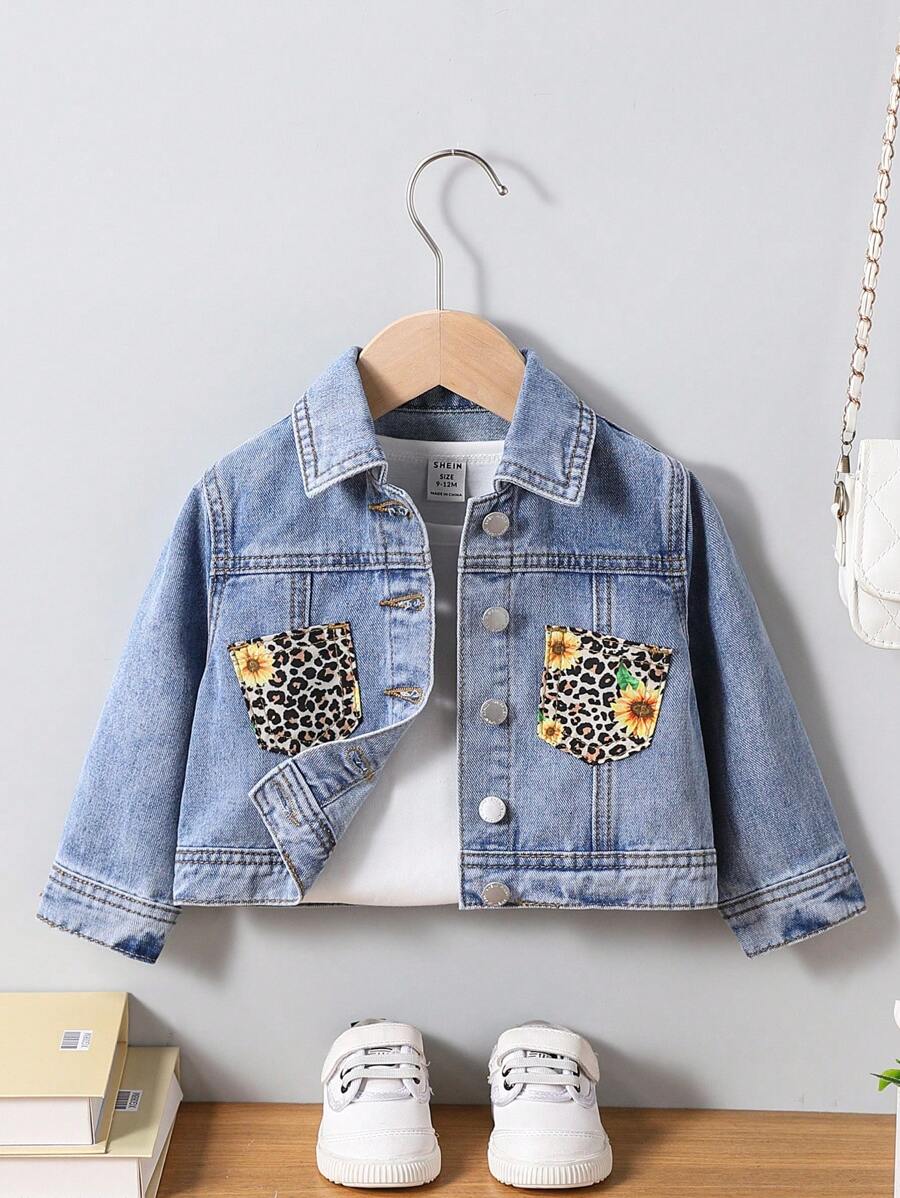 SHEIN Baby Mädchen Sonnenblumen Leoparden Muster Tasche Retro Blau Denim Kragen Langarm Jacke - Helle Waschung - Übersicht 1