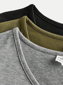 SHEIN Set de 3 blusas de punto de manga larga con cuello en V de unicolor, como capa base casual para niñas preadolescentes en otoño e invierno - Verde militar - Ver 9