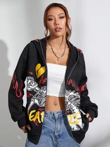 SHEIN Unity 女士街头风骷髅与字母图案连帽拉链长款连帽衫，保暖内衬，适合秋冬季 - 黑色 - 查看 4